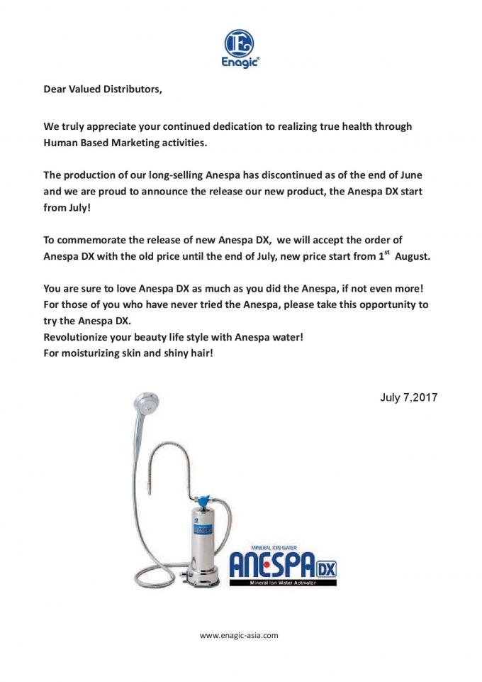 Notification of Anespa DX | Enagic Kangen Water